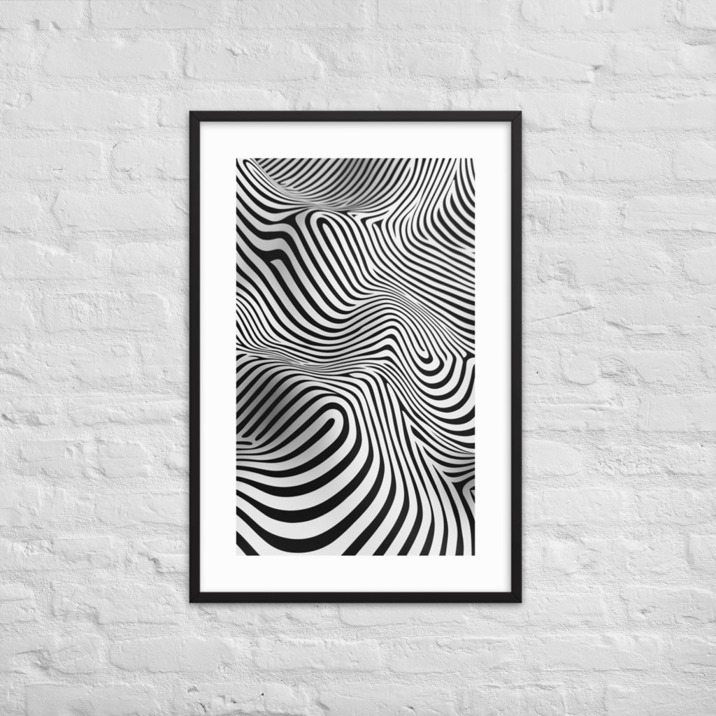 Framed abstract black and white line art on a white brick wall.