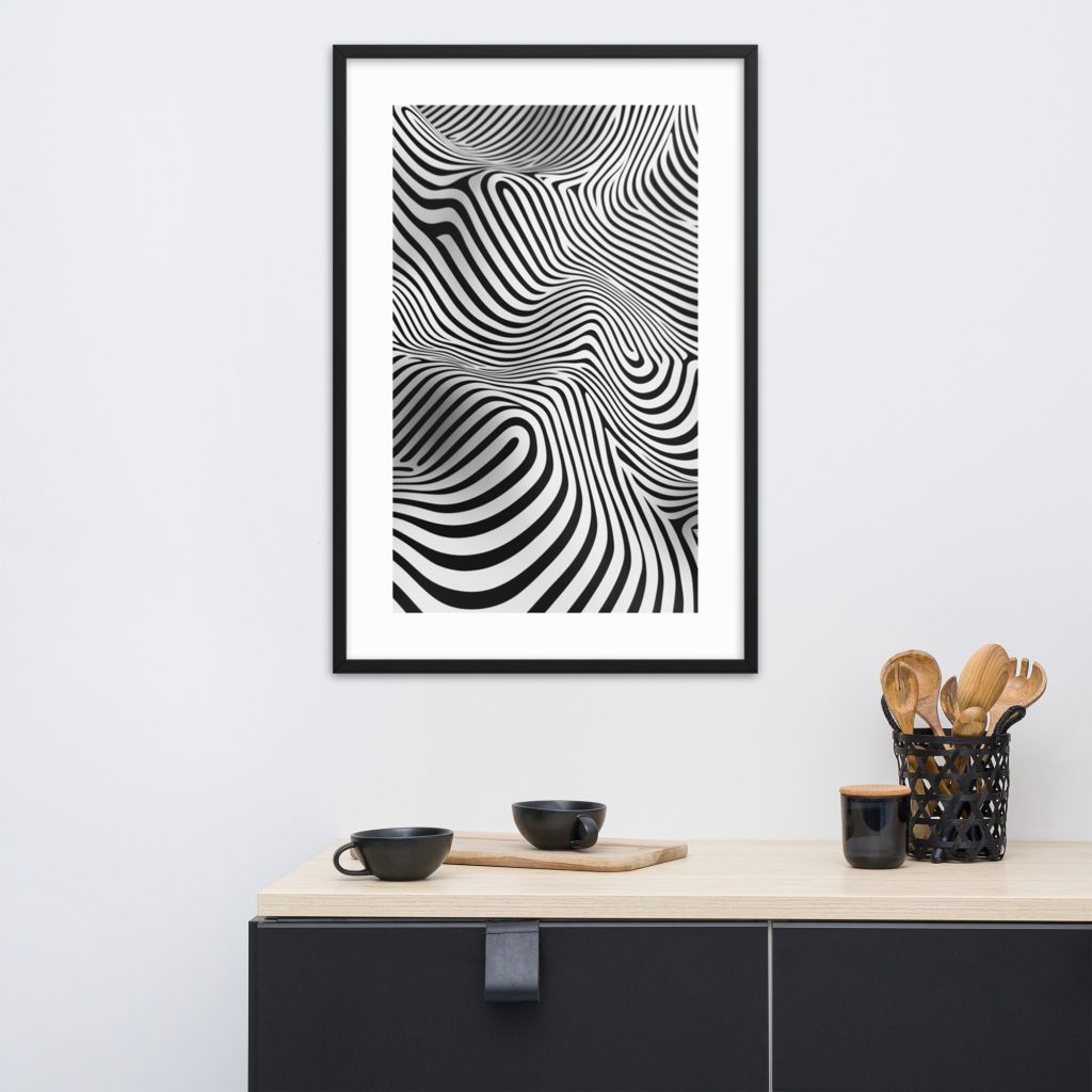 Black and white abstract artwork with wavy lines on a wall above a black cabinet with kitchen items.