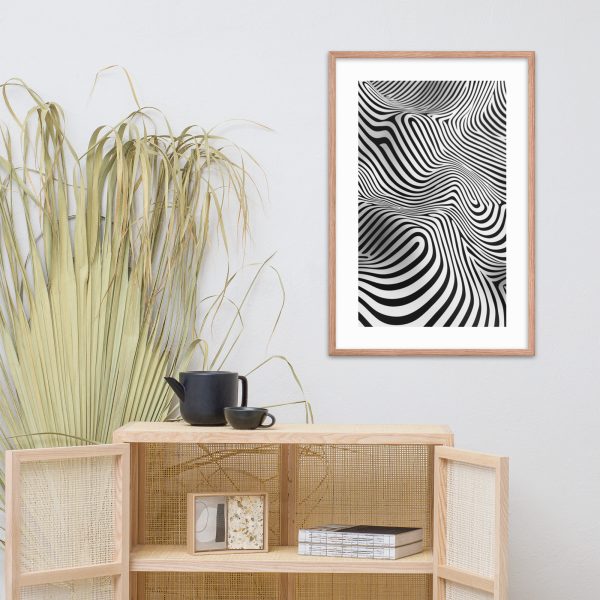 Minimalist room with abstract black and white framed artwork.
