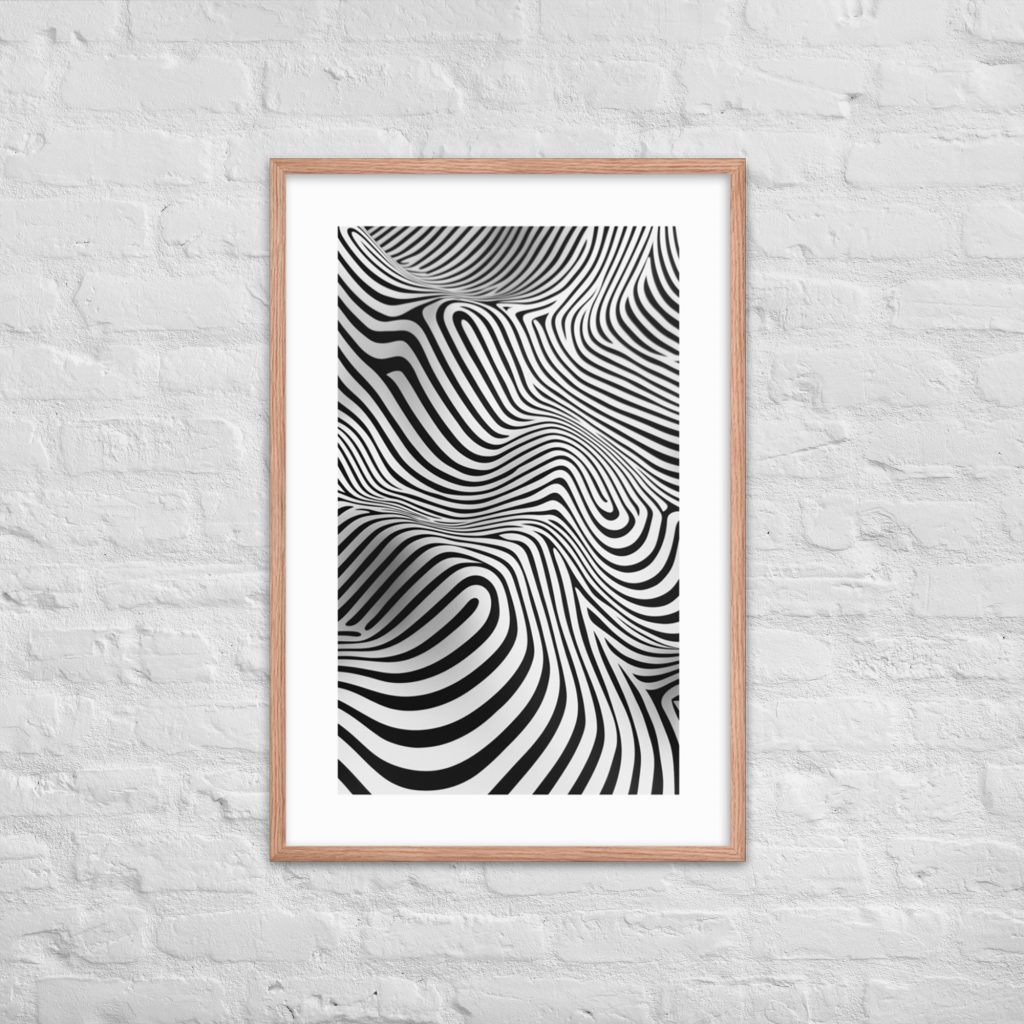 Abstract black and white wavy line art in a wooden frame on a white brick wall.