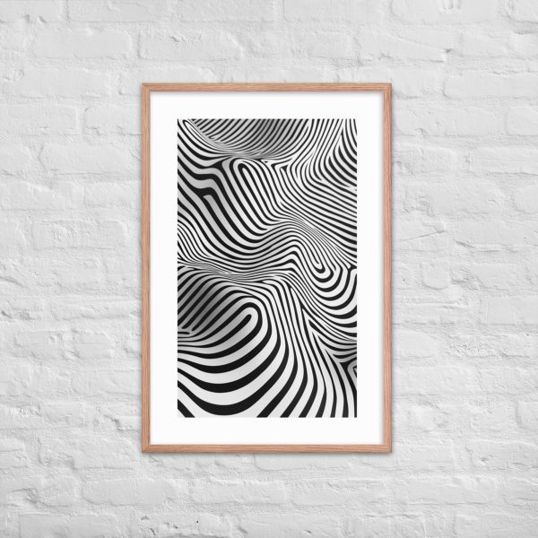 Abstract black and white wavy line art in a wooden frame on a white brick wall.