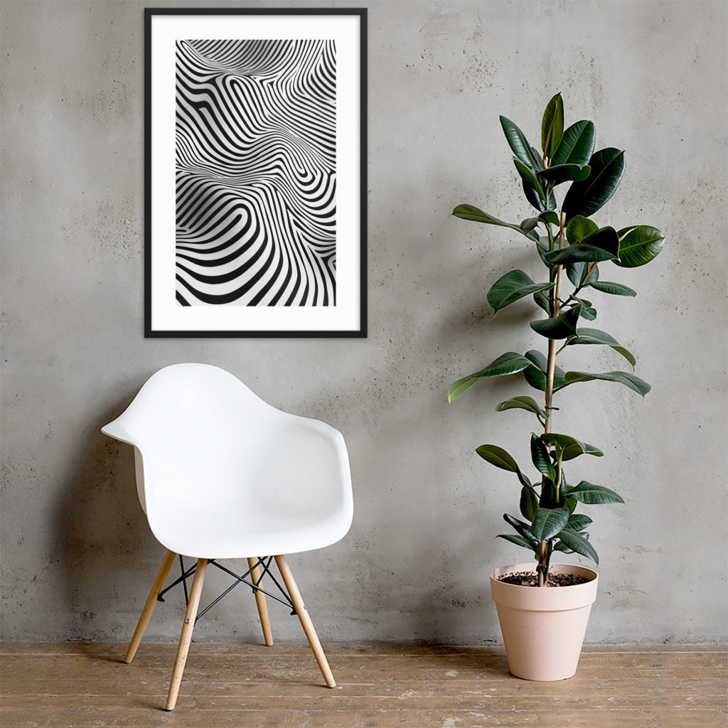 A minimalist room with a white chair, a potted plant, and a black-and-white abstract art piece on the wall.