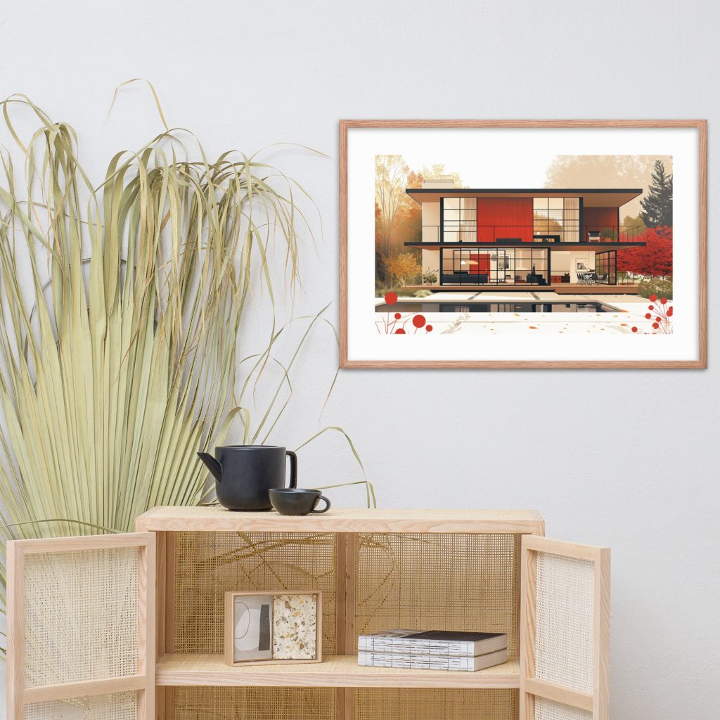 A minimalistic room with a framed architectural illustration on the wall, a wooden cabinet, and a potted plant.
