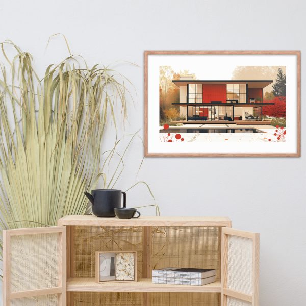A minimalistic room with a framed architectural illustration on the wall, a wooden cabinet, and a potted plant.