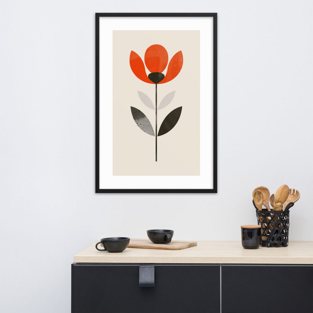Minimalist art print of a flower above a kitchen counter with utensils.