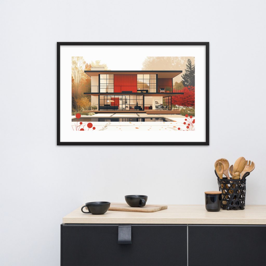 A framed contemporary architectural artwork of a modern house on a white wall above a minimalist cabinet.