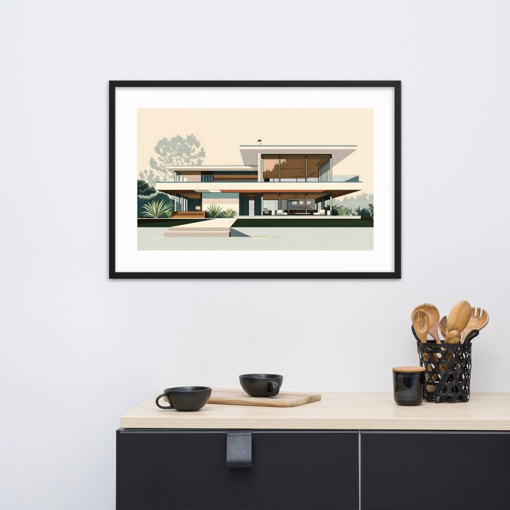 Minimalist modern home artwork in a black frame, hanging above a wooden sideboard.