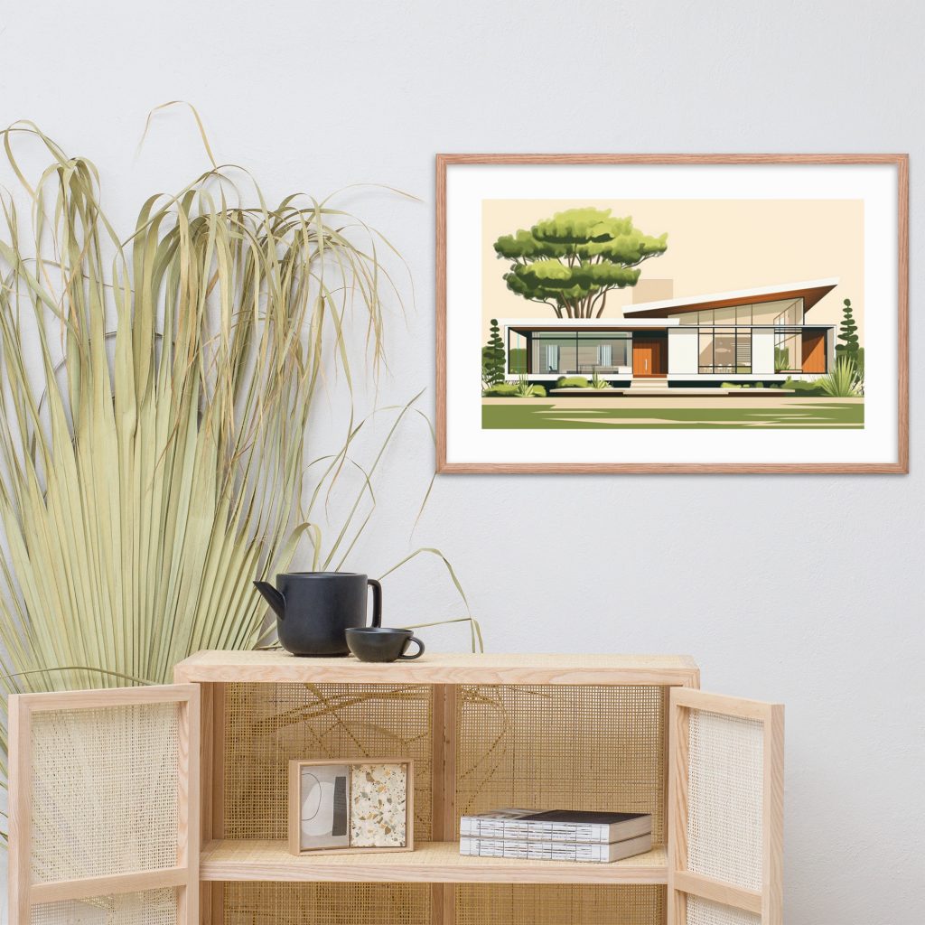 Minimalist room with a framed architectural print and wooden shelf with a black teapot.