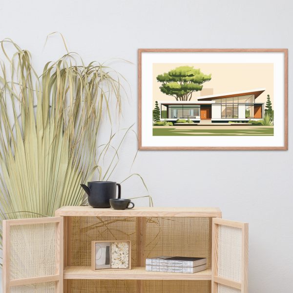 Minimalist room with a framed architectural print and wooden shelf with a black teapot.