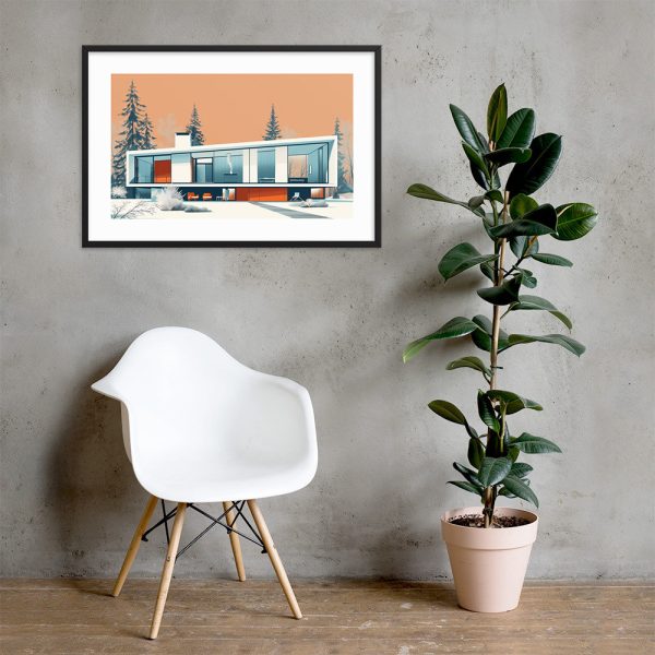 Minimalist room with a white chair, a potted plant, and a framed picture on the wall.