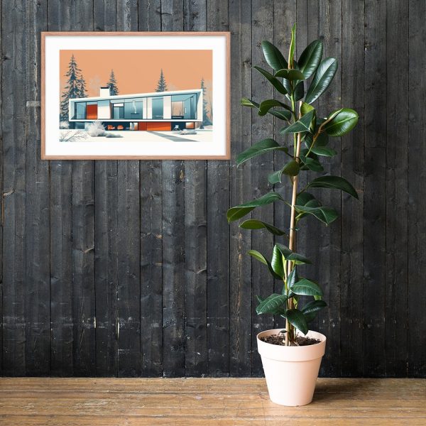 A modern framed artwork of a house on a dark wood wall, with a potted plant beside it.