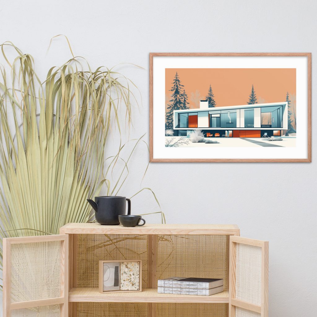 A modern illustration of a house framed on a wall above a wooden cabinet with teapot and cup on it.