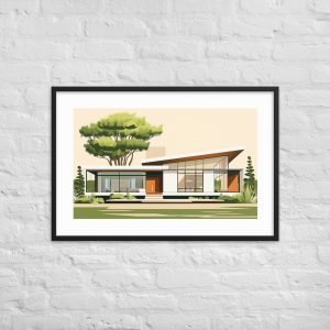 Framed illustration of a modern house on a white brick wall.