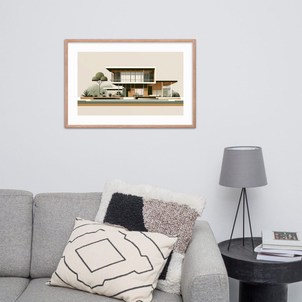 A framed modernist house illustration hangs in a living room above a grey couch with patterned pillows.