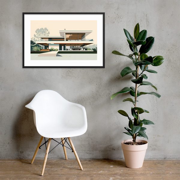 A minimalist room with a white chair, a potted plant, and a framed artwork on a concrete wall.