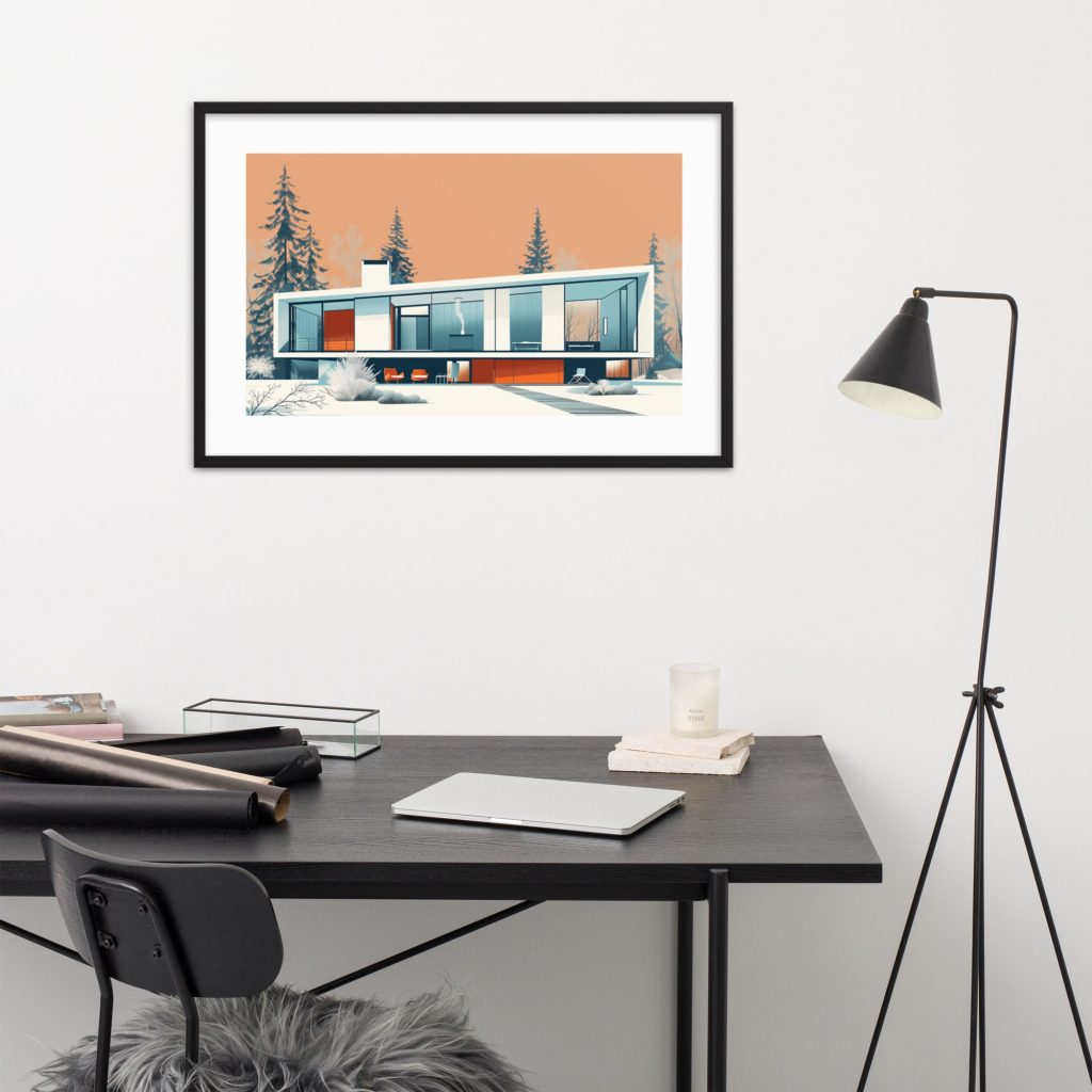 Modern desk with black lamp and a framed architectural print on the wall.