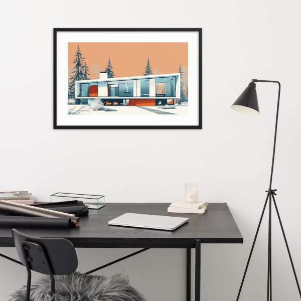 Modern desk with black lamp and a framed architectural print on the wall.