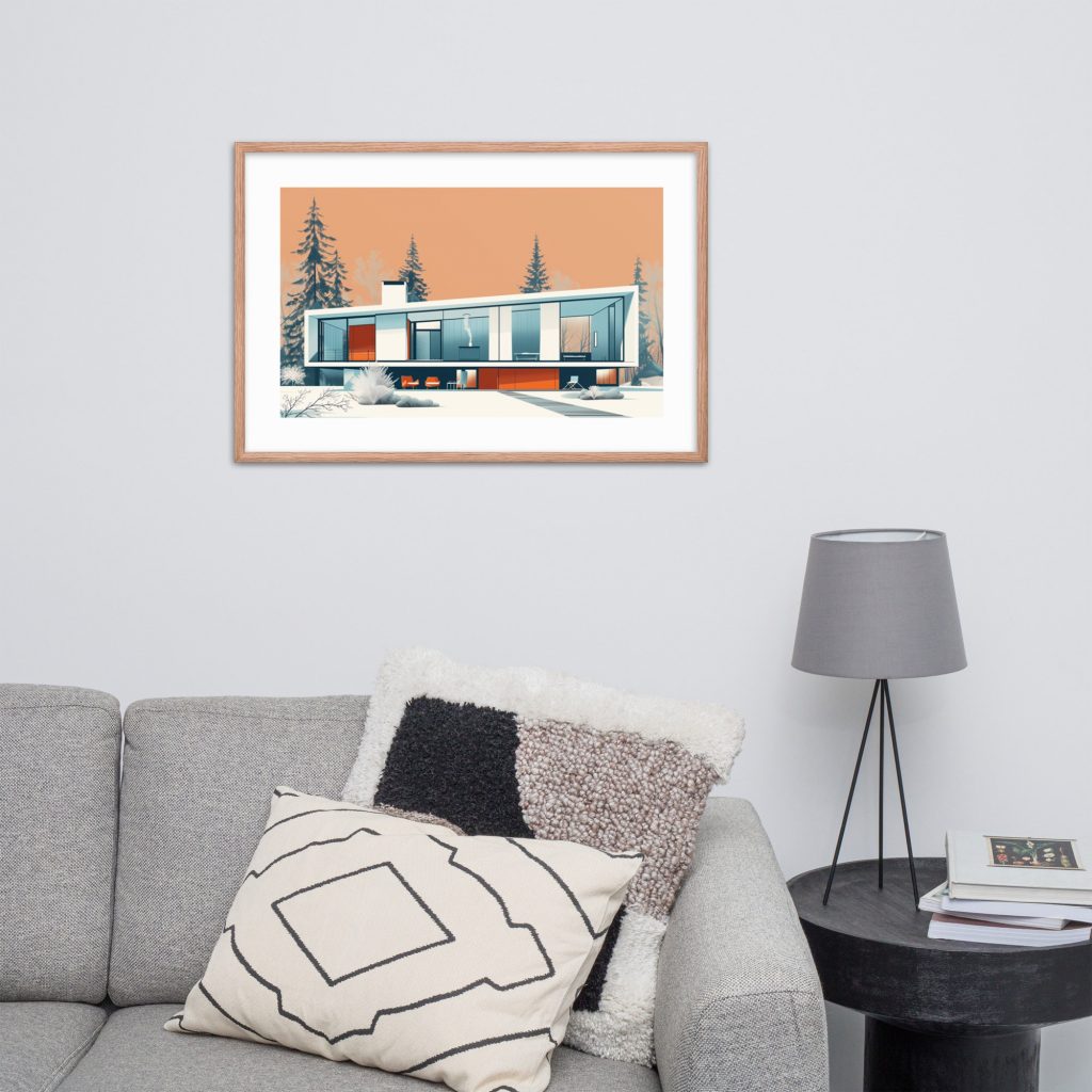 Modern living room with a framed architectural print on the wall.