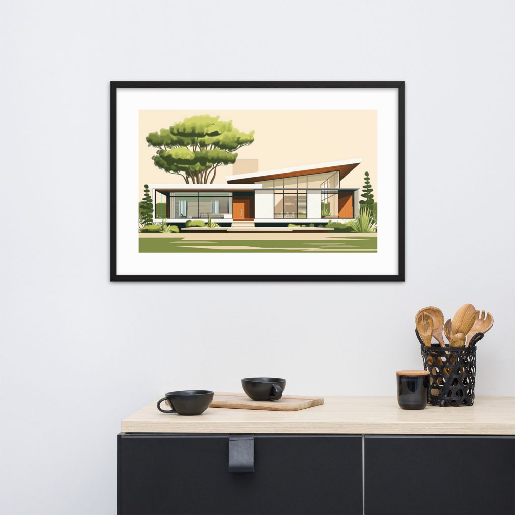 Framed artwork featuring a modern house hangs above a minimalist cabinet with kitchen utensils.