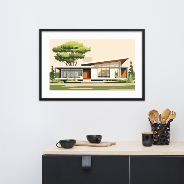 Framed artwork featuring a modern house hangs above a minimalist cabinet with kitchen utensils.