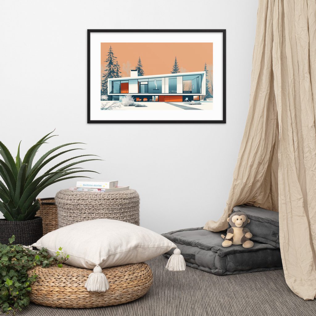 Cozy interior scene with framed artwork, pillows, and a plant.