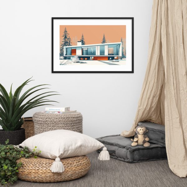 Cozy interior scene with framed artwork, pillows, and a plant.