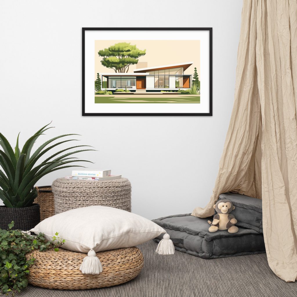 Cozy living space with decor, seating, and a framed modern house artwork.