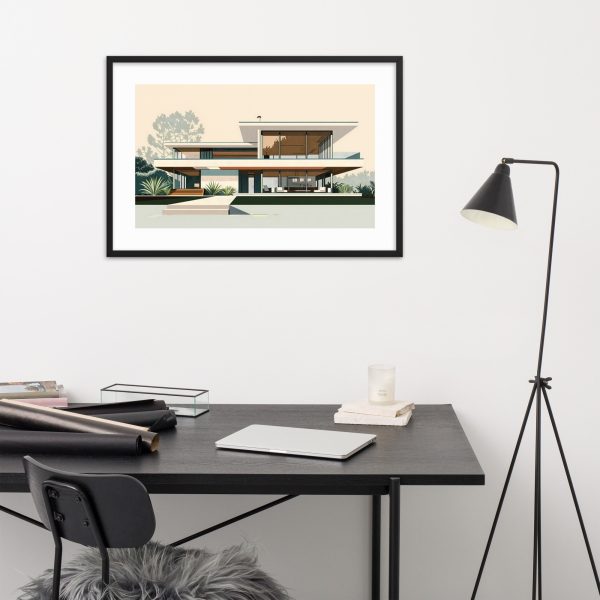 Minimalist office setup with framed modern house art.