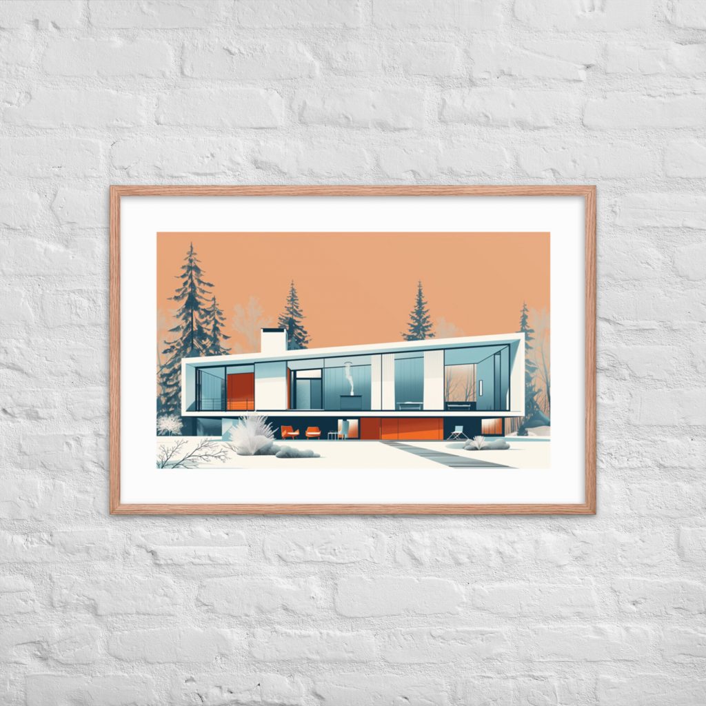 Framed modern house illustration on a white brick wall.
