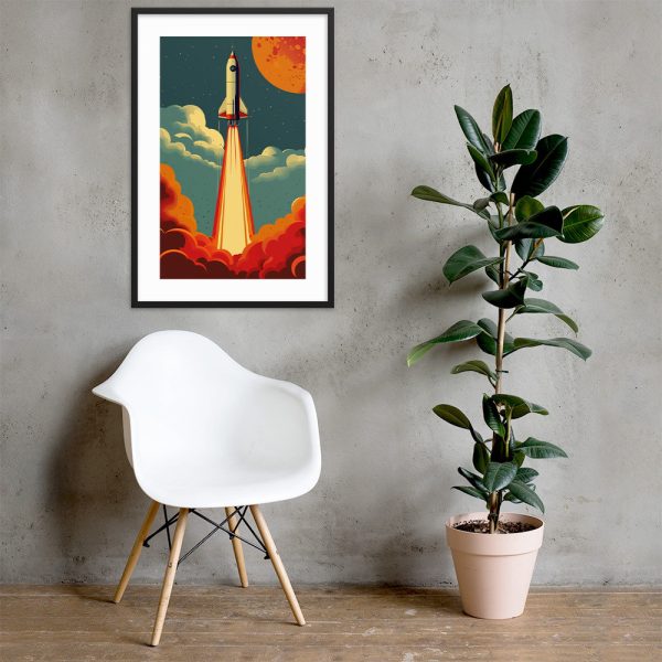 A modern interior with a framed rocket artwork, a white chair, and a tall potted plant.