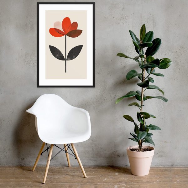 A modern chair next to a potted plant and a framed abstract floral artwork on a wall.