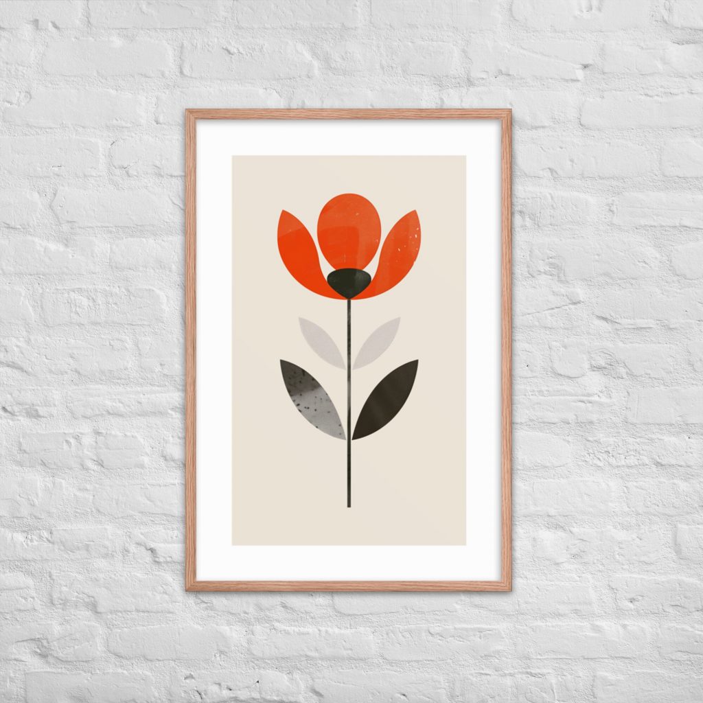 A minimalistic framed flower illustration with red petals and a white brick wall background.