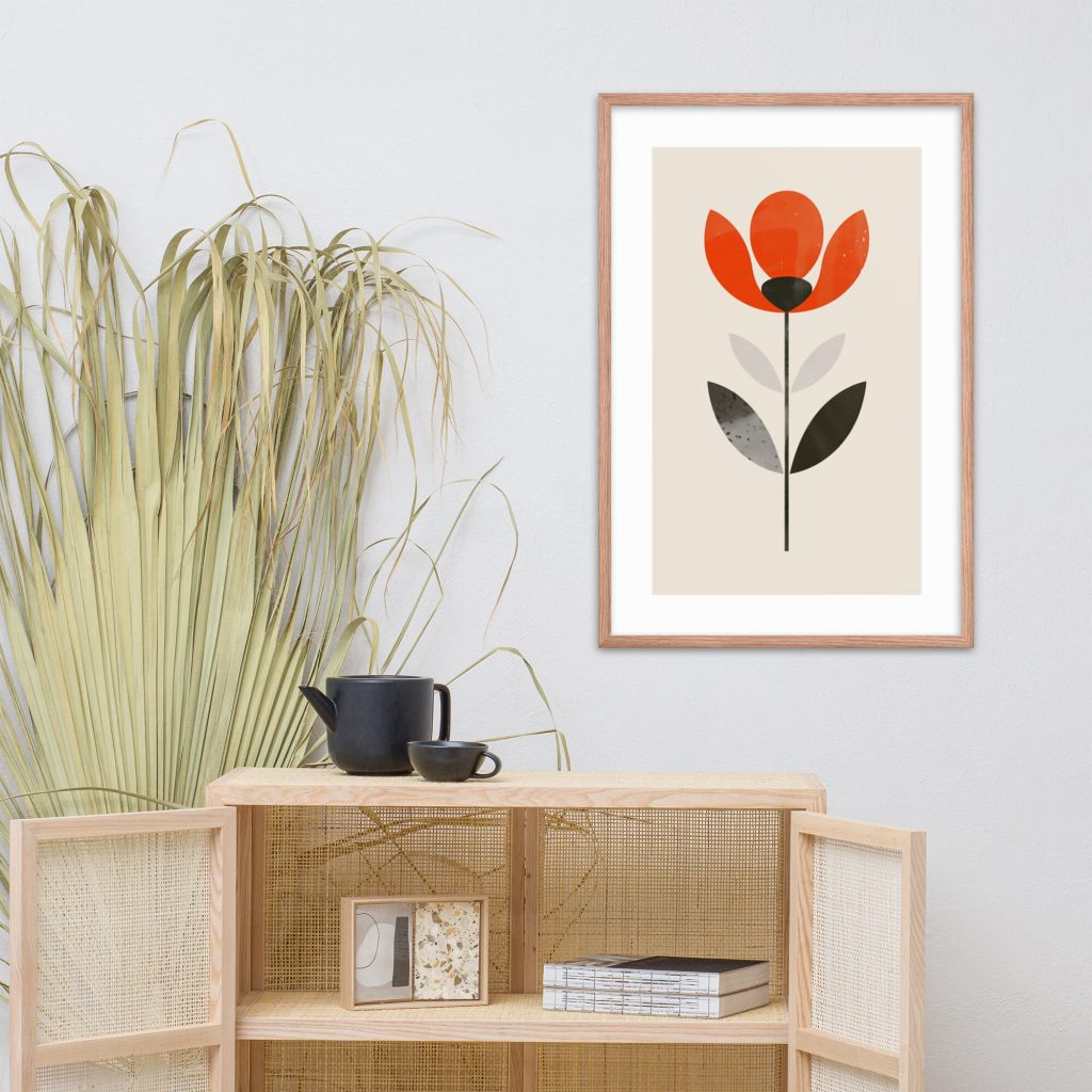 A minimalist room with framed flower art on the wall and a wooden shelf with a teapot and books.