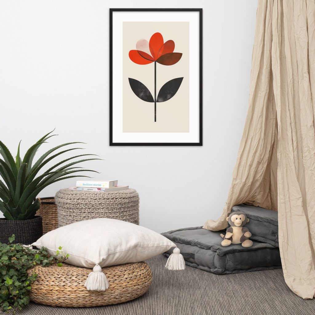 Cozy nook with pillows, plant, and framed flower artwork