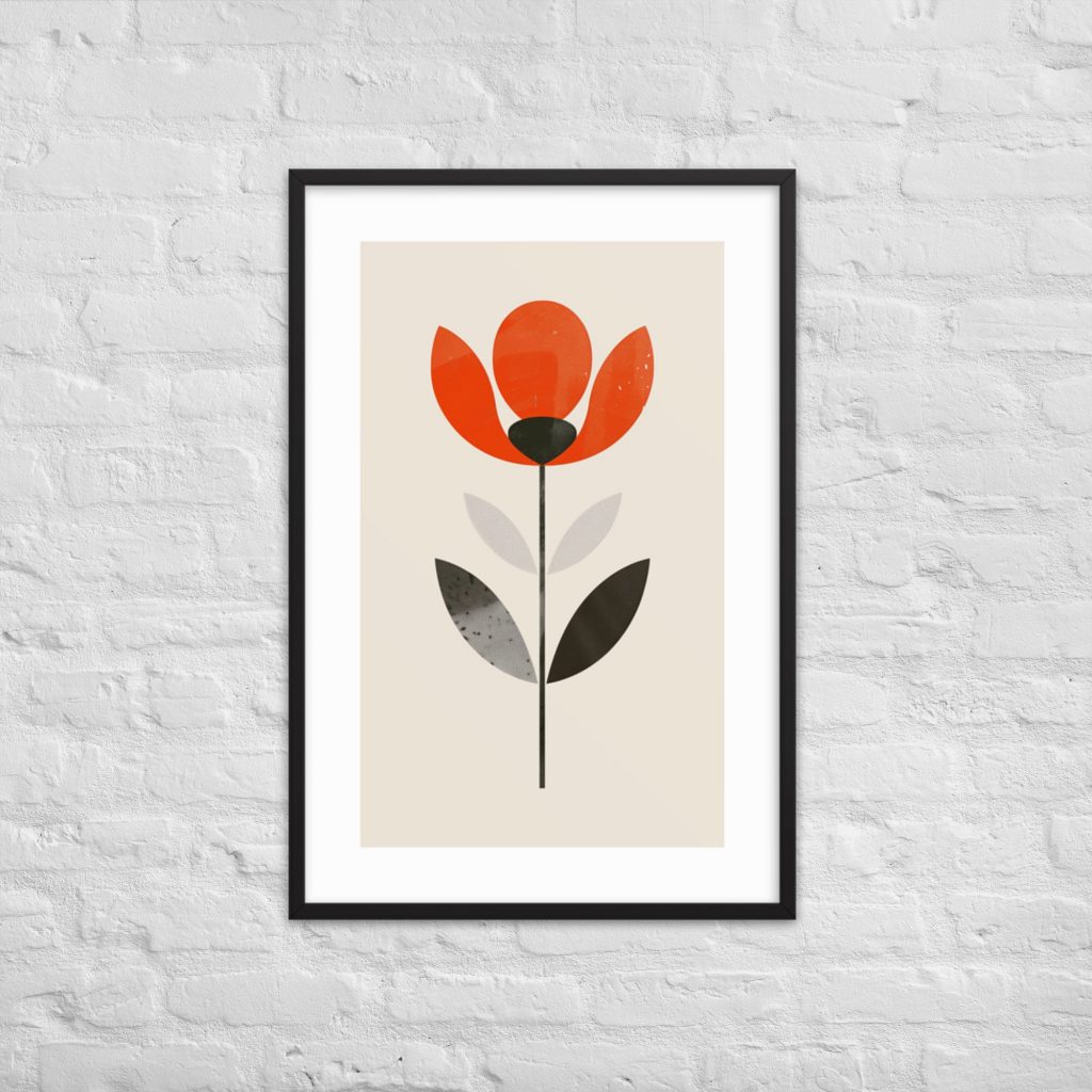 Framed minimalist flower painting on a white brick wall.