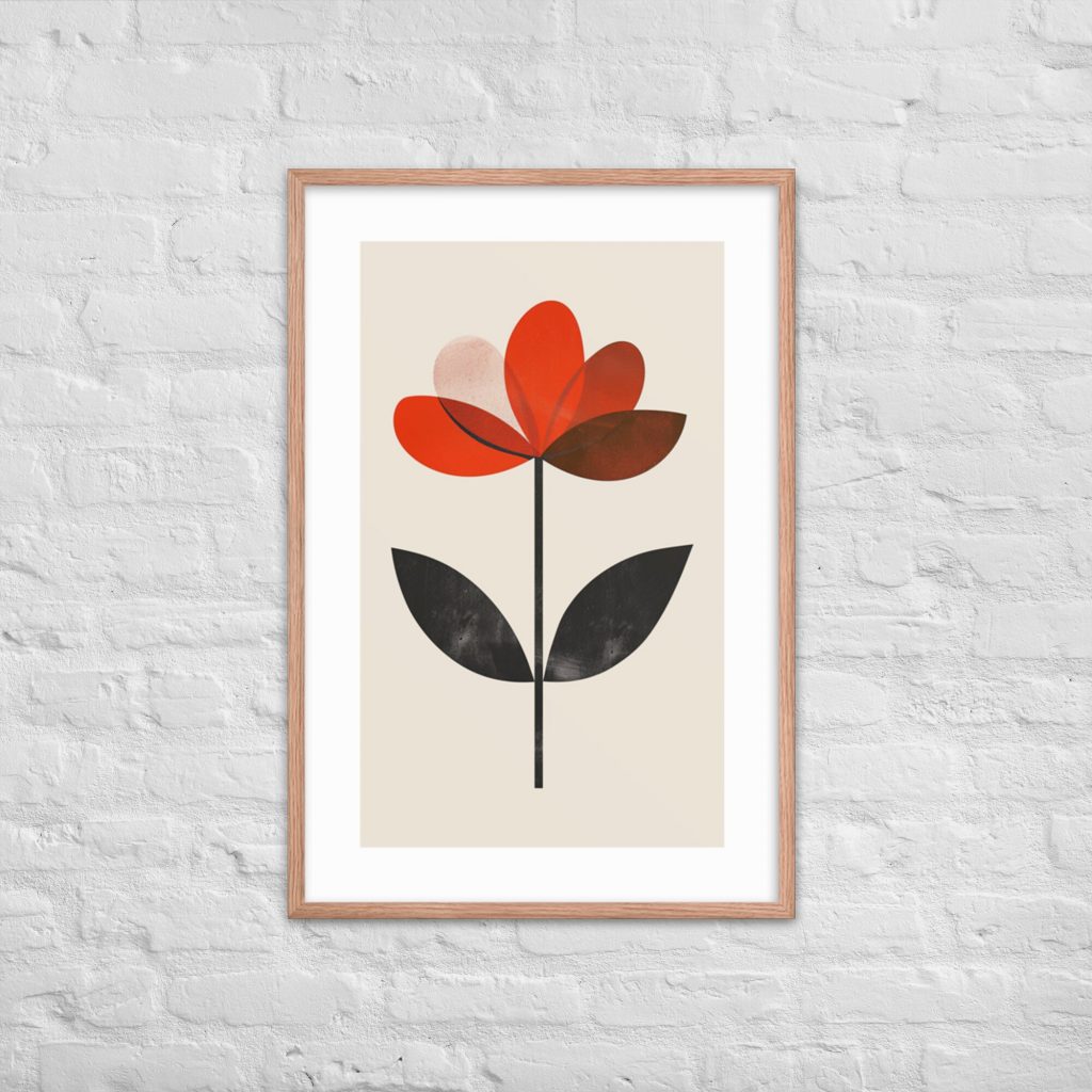 Minimalist art print of a red and black flower in a wooden frame against a white brick wall.