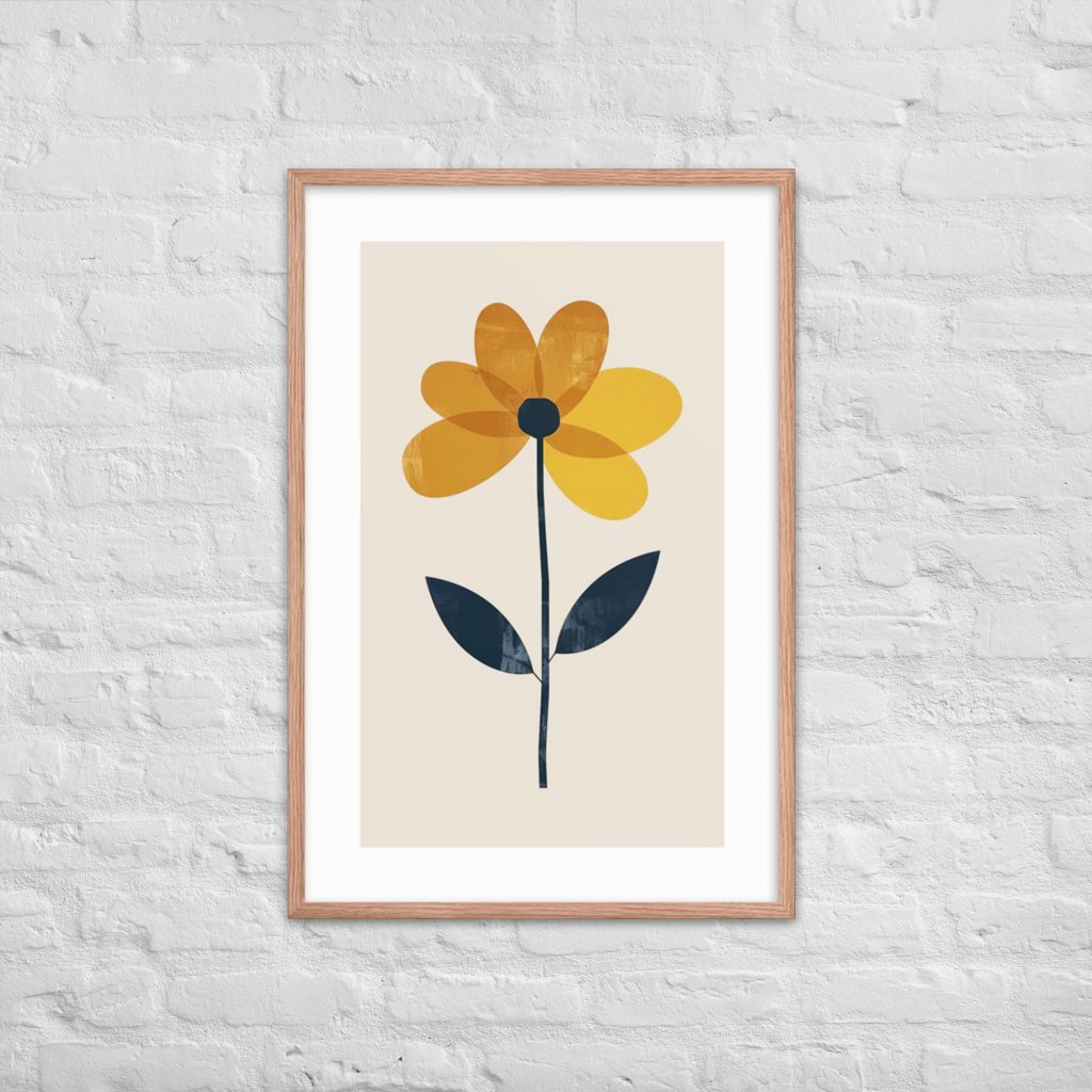A framed illustration of a yellow flower with two green leaves.
