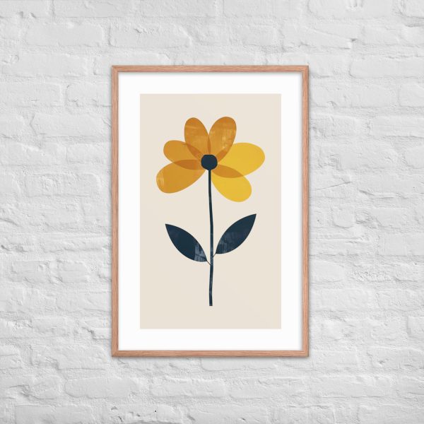 A framed illustration of a yellow flower with two green leaves.