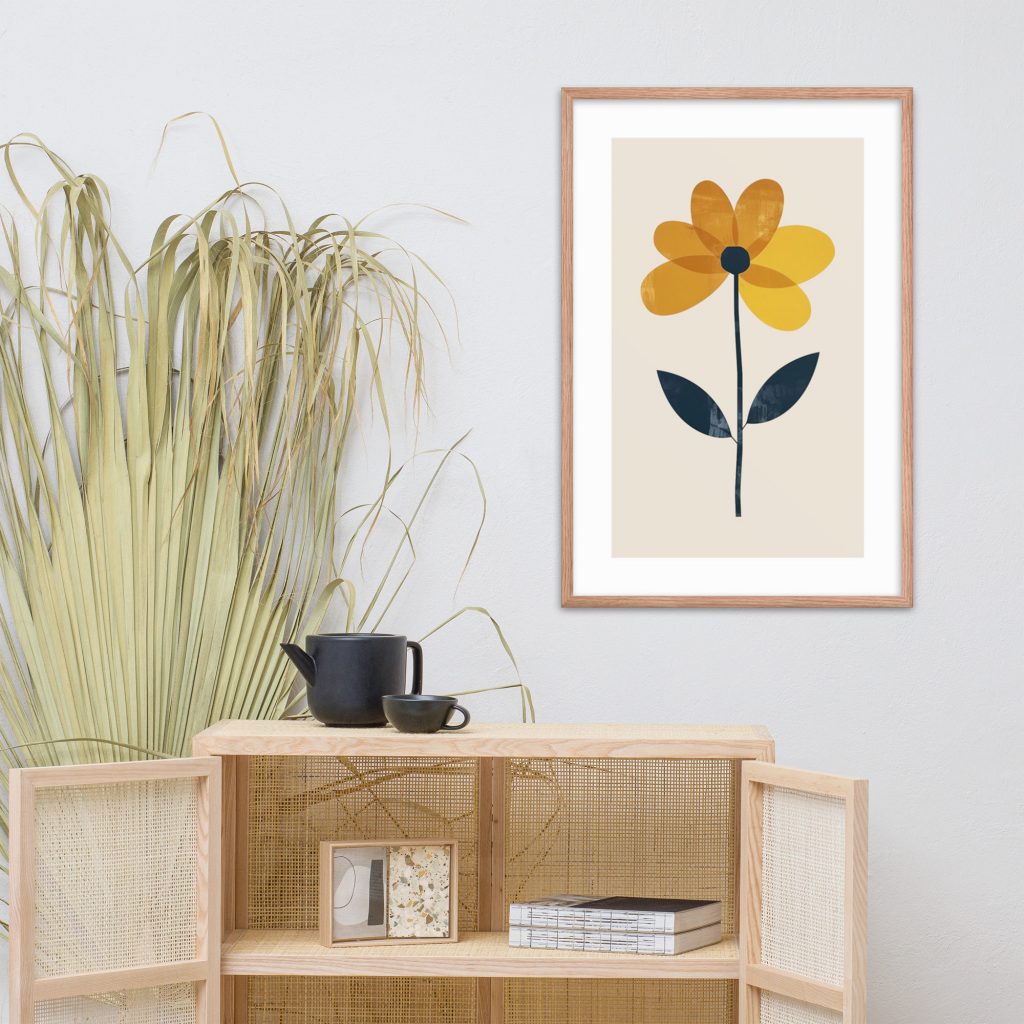 Painting of a yellow flower with a black center, hanging on a wall.