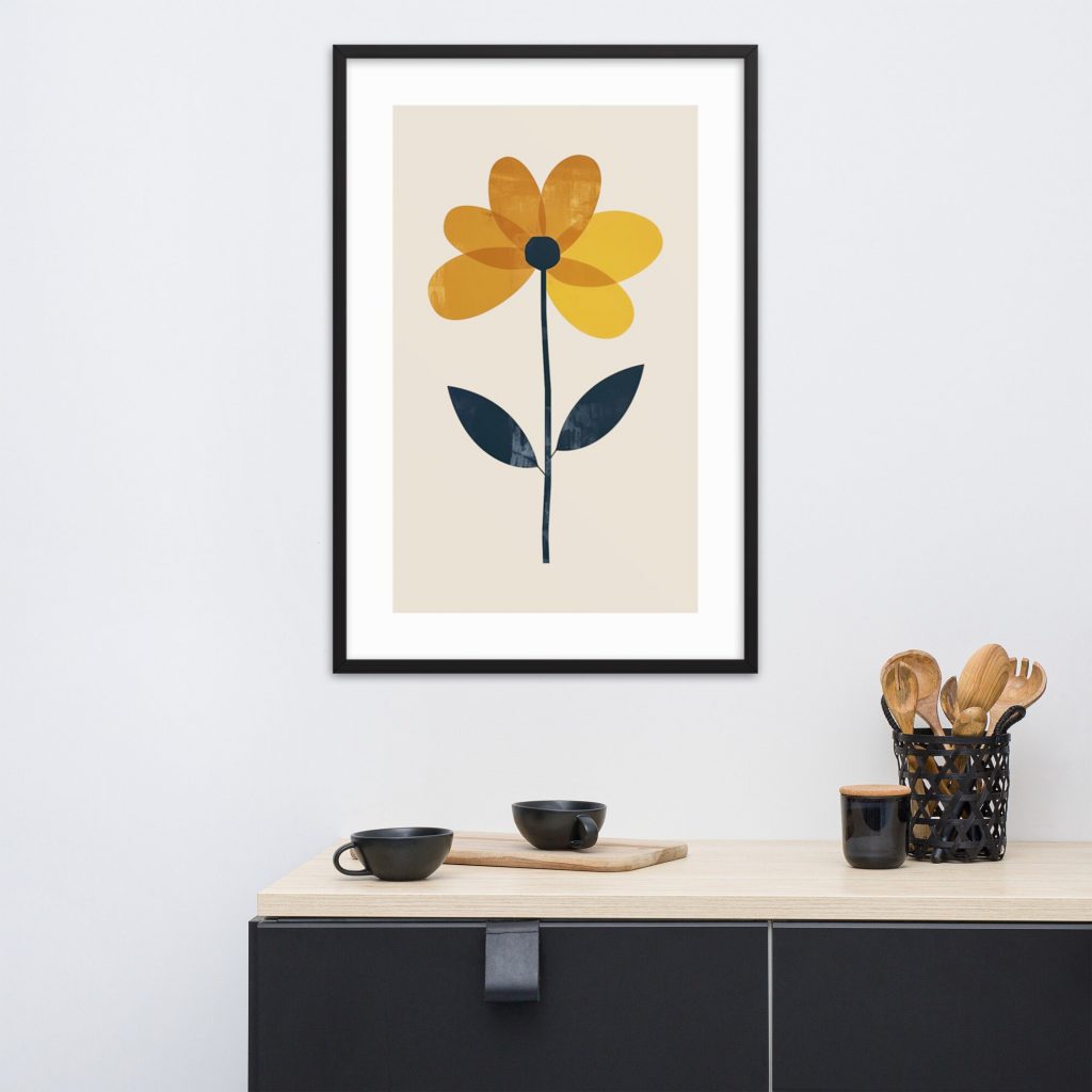Framed flower artwork above a cabinet with kitchen utensils and cups.