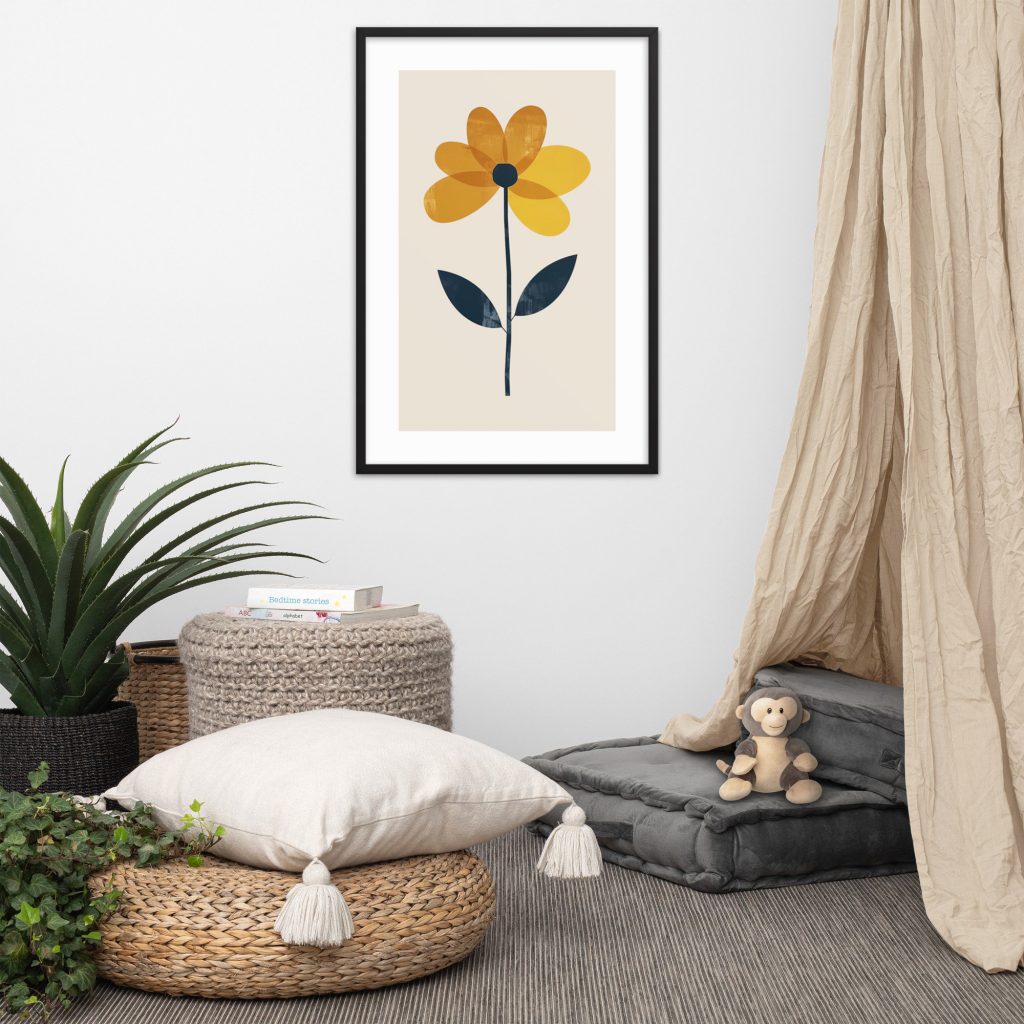 Cozy corner with pillows, plant, toy monkey, and framed flower artwork.
