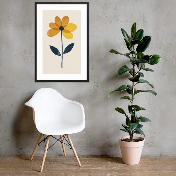 Modern room decor with a white chair, potted plant, and framed flower print on the wall.