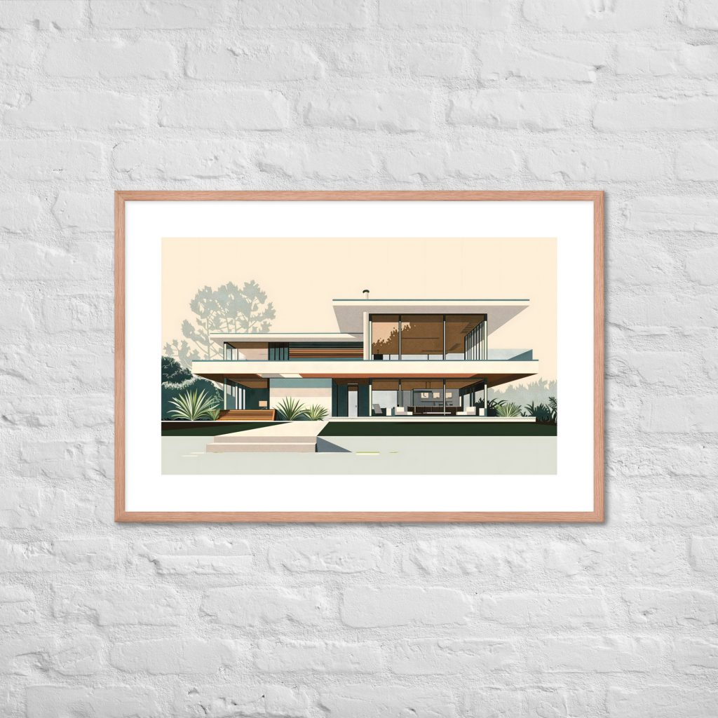 Framed illustration of a modern house set against a white brick wall.