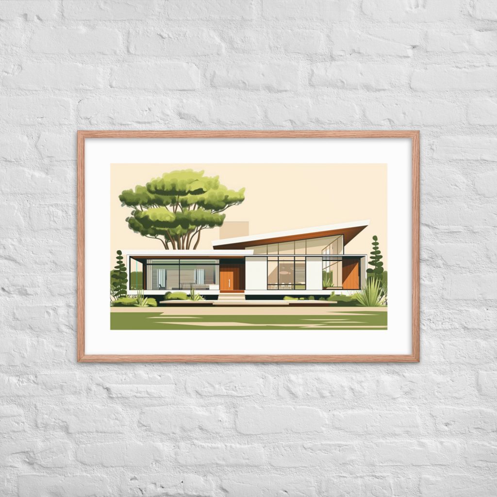 Illustration of a mid-century modern house framed on a white brick wall.