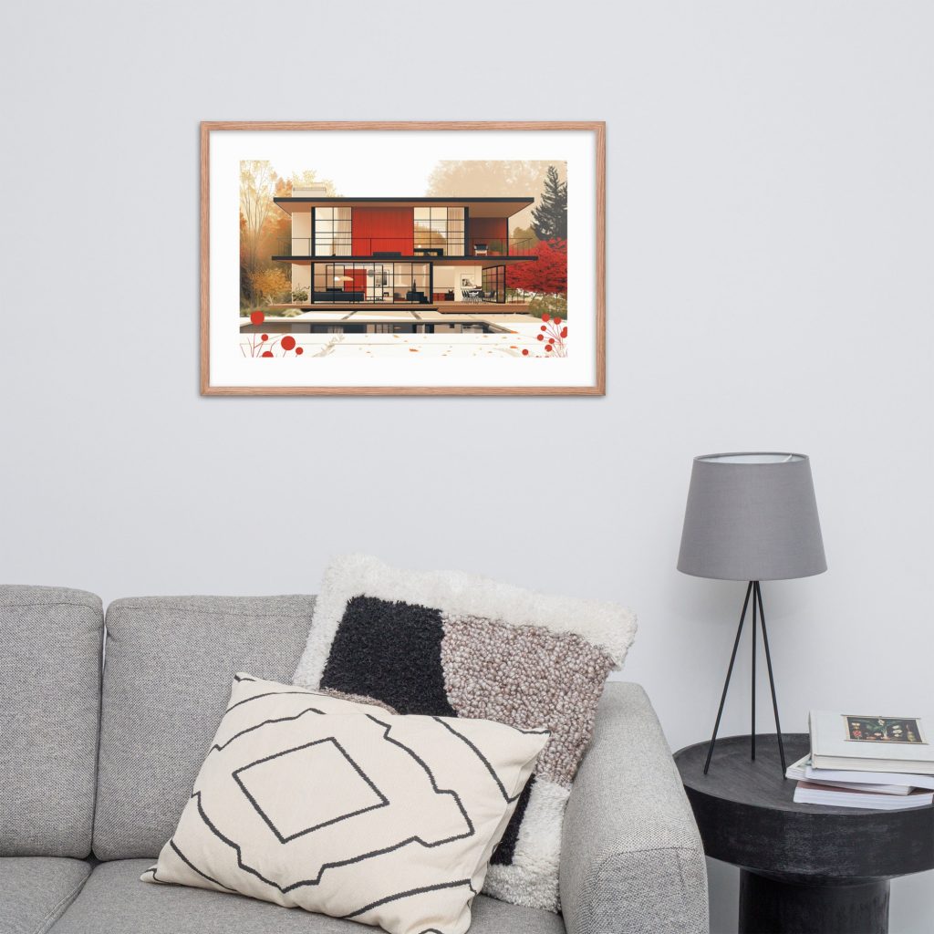 A living room with a gray sofa, abstract cushions, a side table with a lamp, and a framed artwork on the wall.