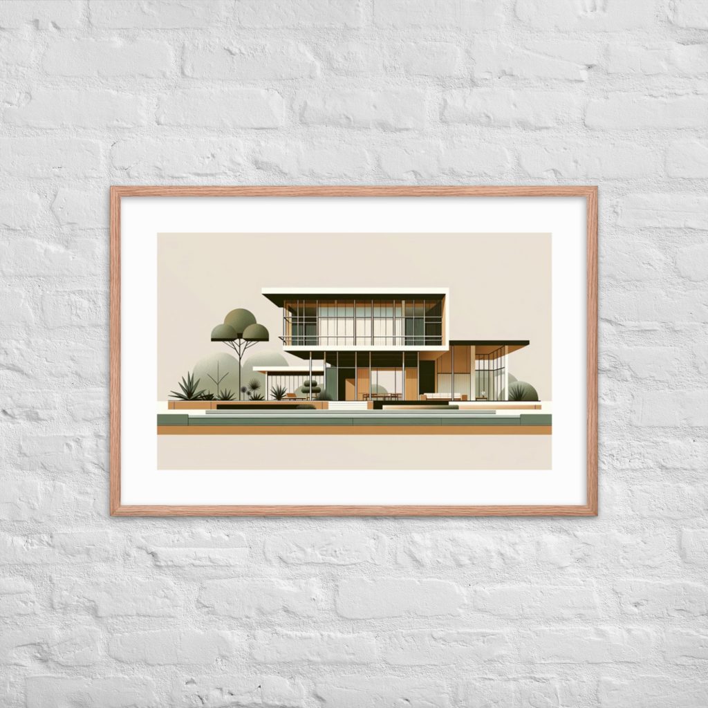 Framed architectural illustration of a modern house on a brick wall.