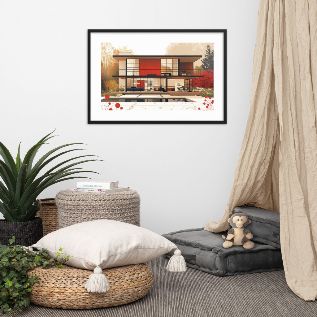 Cozy reading nook with modern house artwork.