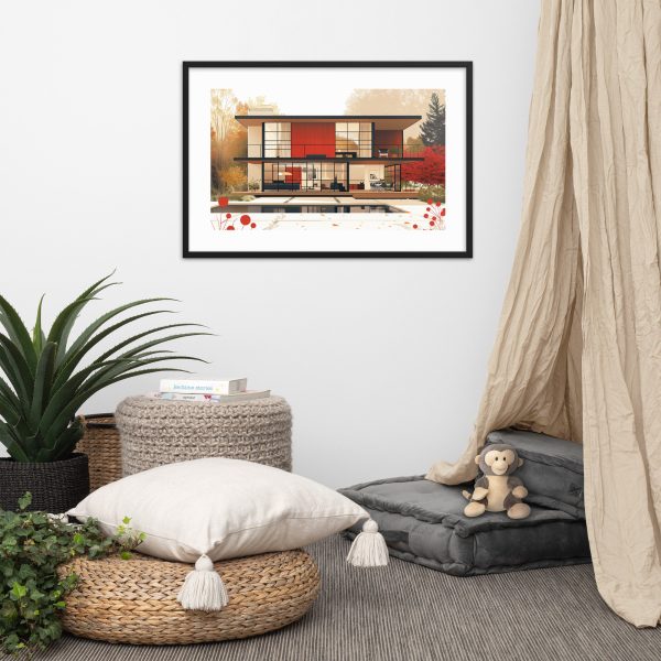 Cozy reading nook with modern house artwork.