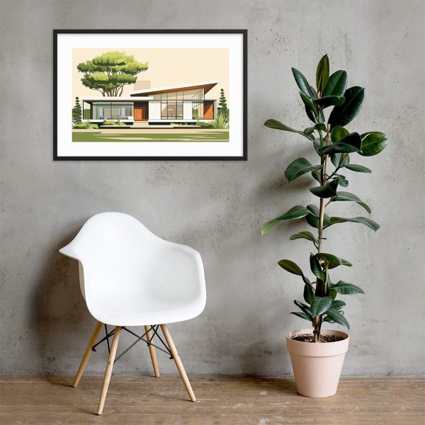 A minimalist room with a white chair, a potted plant, and a framed artwork on the wall.