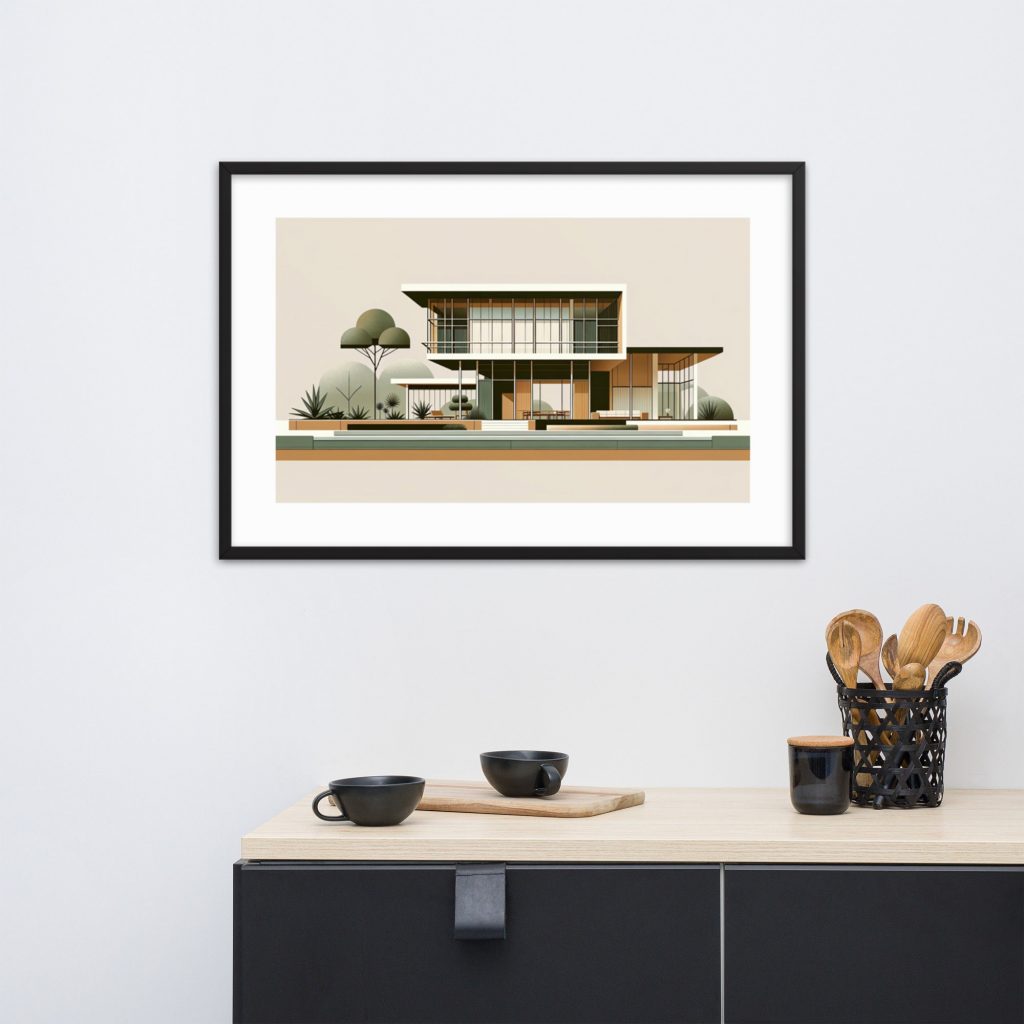 Framed modern house artwork above kitchen counter with utensils and bowls.
